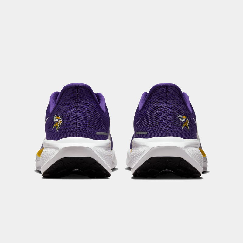 Nike Minnesota Vikings Pegasus 41 running shoes in purple with Vikings logo, white midsoles, and black outsoles, back view.