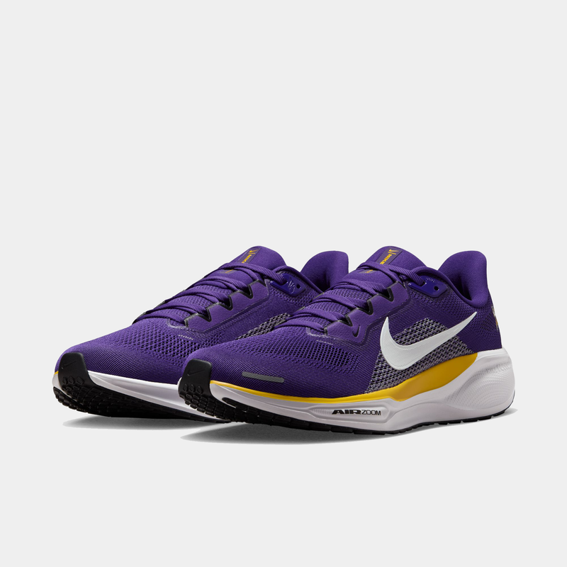 Nike Minnesota Vikings Pegasus 41 running shoes in purple with white Swoosh, yellow accents, mesh upper, and Zoom Air cushioning, angled front view.