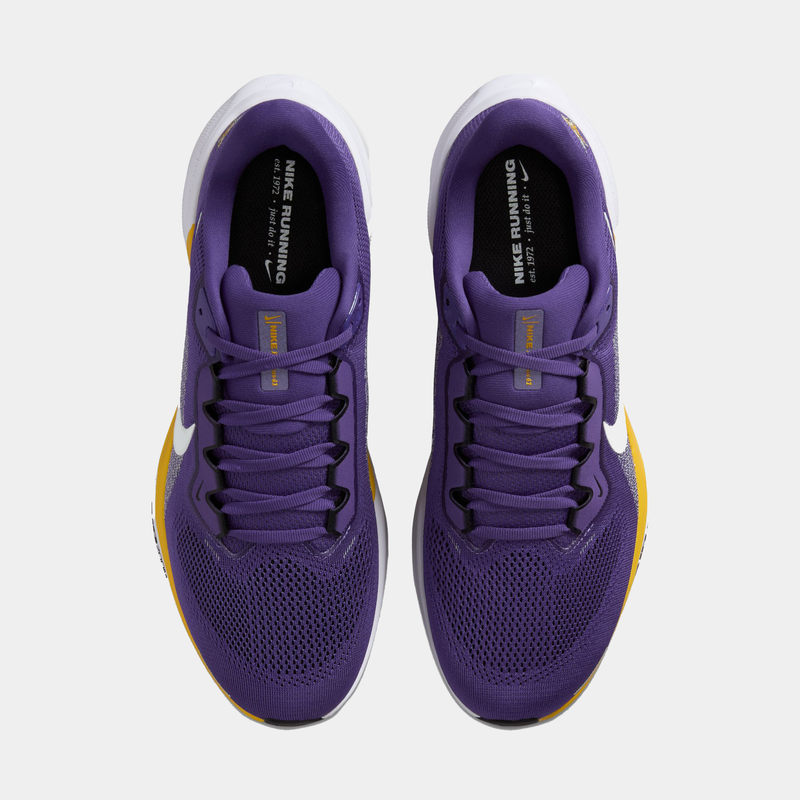Nike Minnesota Vikings Pegasus 41 running shoes, top view showing purple mesh upper, yellow accents, and white Swoosh logo.