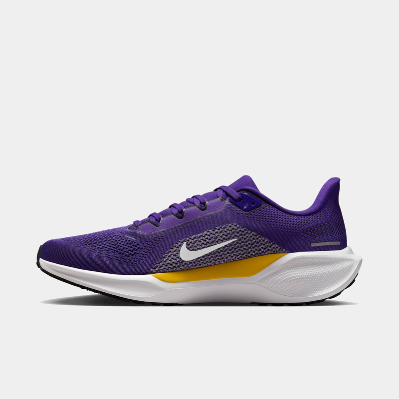 Nike Minnesota Vikings Pegasus 41 running shoes in purple and gold with mesh upper, white midsoles, and team branding, side view.