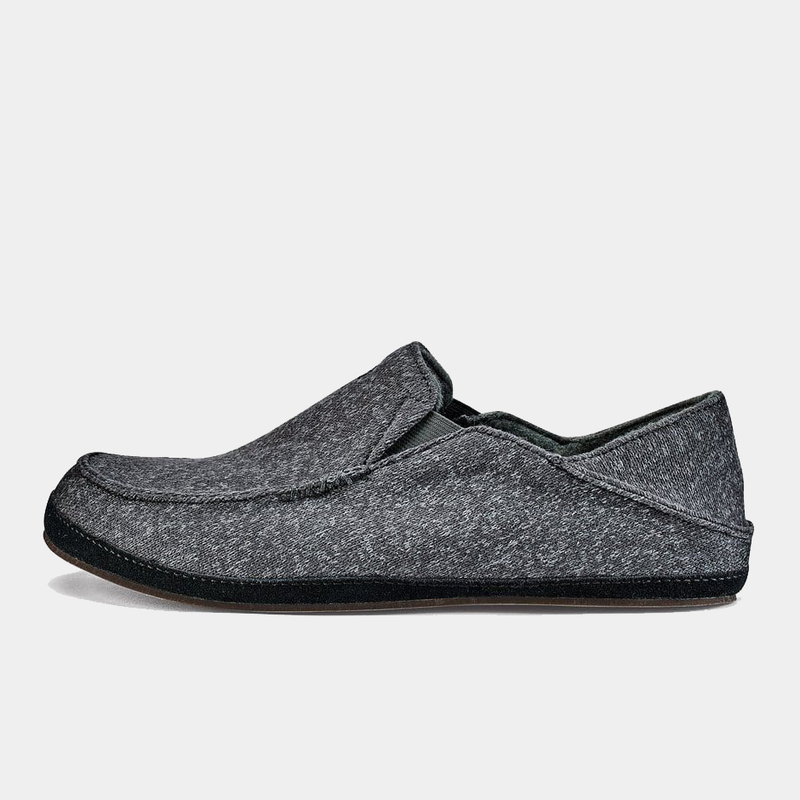 OluKai Moloa Hulu shoes in charcoal heather with stitch detailing, plush lining, and slip-on design, side view.