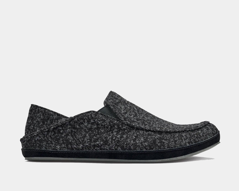 OluKai Moloa Hulu slip-on shoes in dark gray heather wool blend with suede detailing, side view.