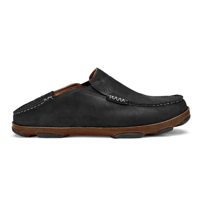 OluKai Moloa casual shoes in dark leather with hand-sewn stitching detail and a collapsible heel, side view.