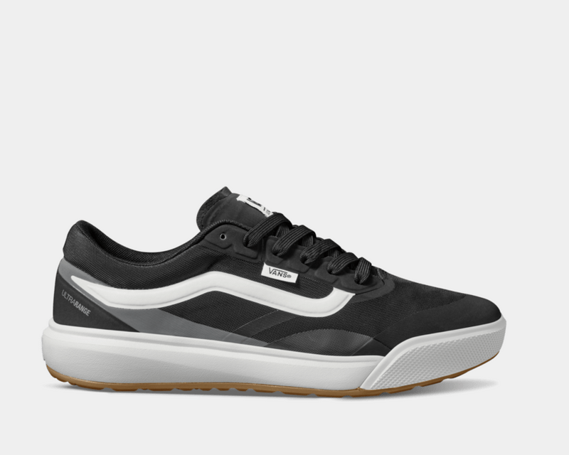 Vans MTE Ultrarange 2.0 sneakers in black and gray with mesh upper, white midsole, and gum outsole, side view.