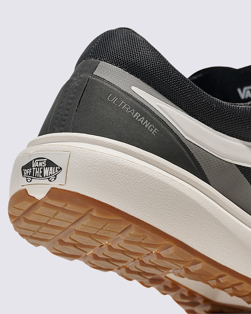 Vans MTE Ultrarange 2.0 shoes, close-up of heel showing black and gray upper with textured sole and "Off The Wall" logo.