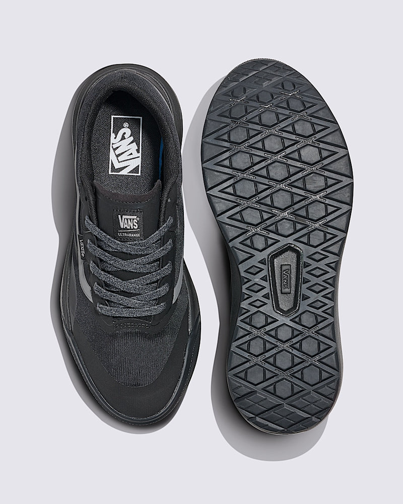 Vans MTE Ultrarange 2.0 shoes in black, featuring a mesh upper with textured detailing and waffle-pattern rubber outsole, top and sole views.