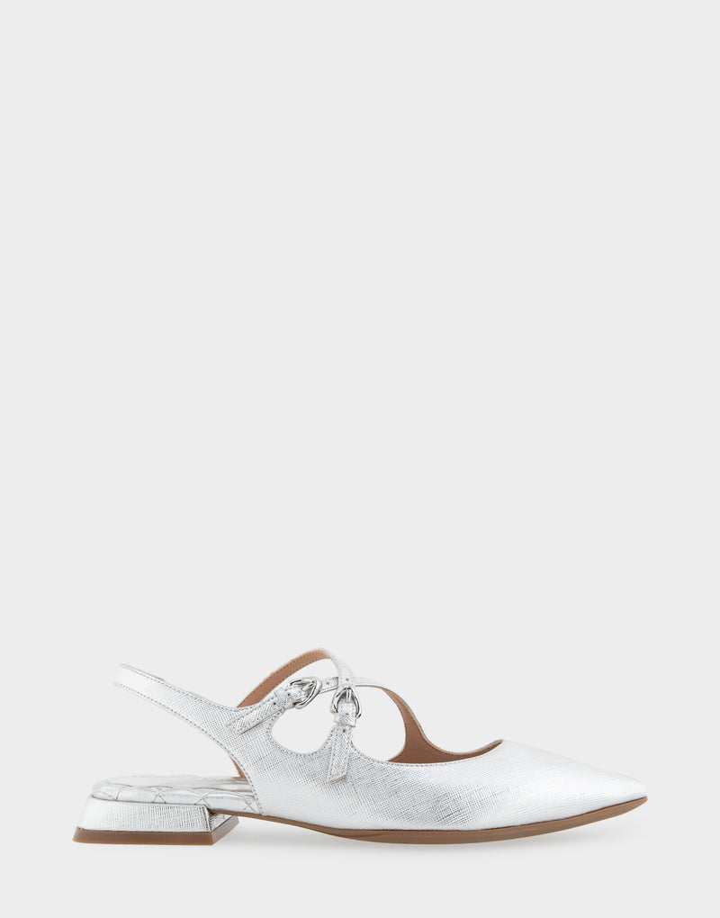 Comfortable Women's Napoli Slingback Flats in Silver Metallic Textured Faux Leather, side view