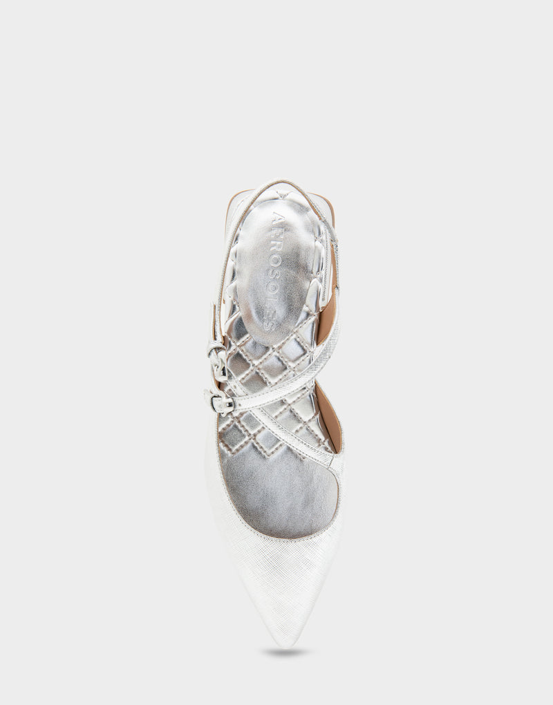 Comfortable Women's Napoli Slingback Flats in Silver Metallic Textured Faux Leather, top view