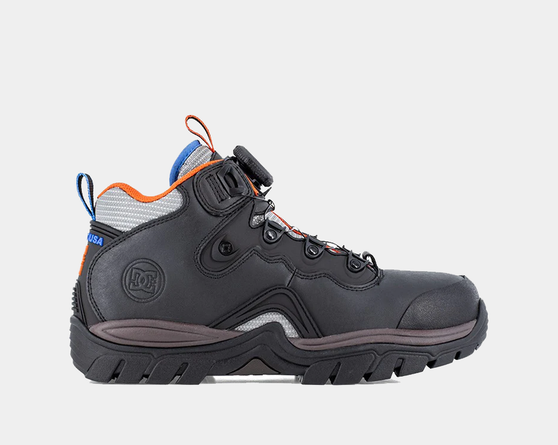DC WorkCrew Navigator Work Hi Top Comp Toe work boots in black with orange and blue accents, side view showing rugged sole and safety toe.