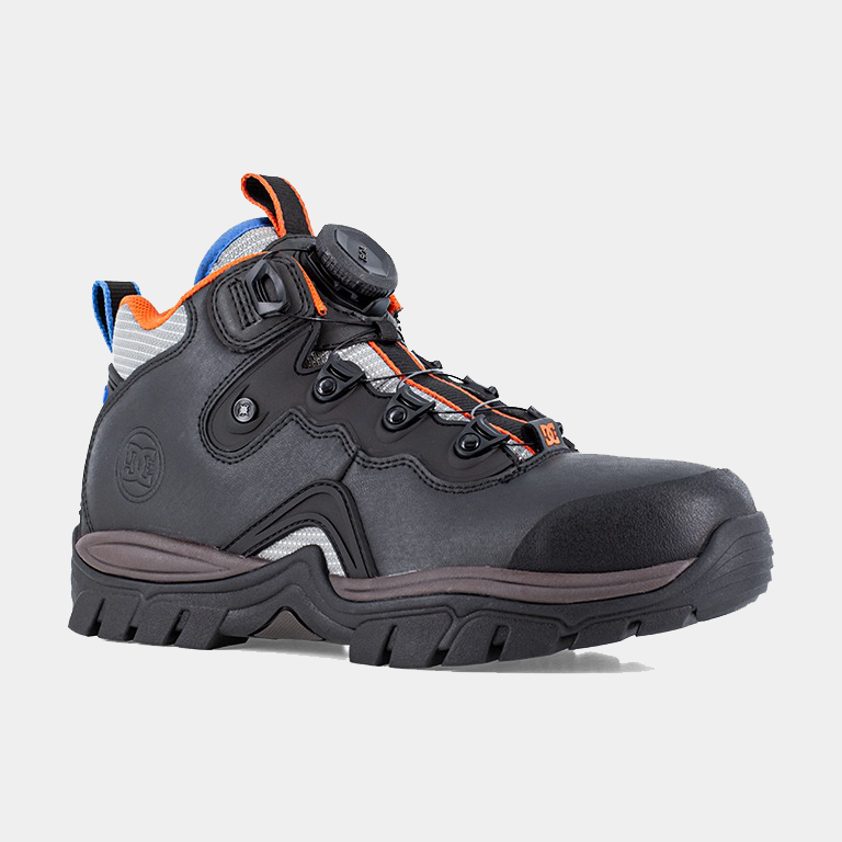 DC WorkCrew Navigator Work Hi Top Comp Toe work boots in black with orange and blue accents, durable synthetic upper, and rugged outsole, side front view.