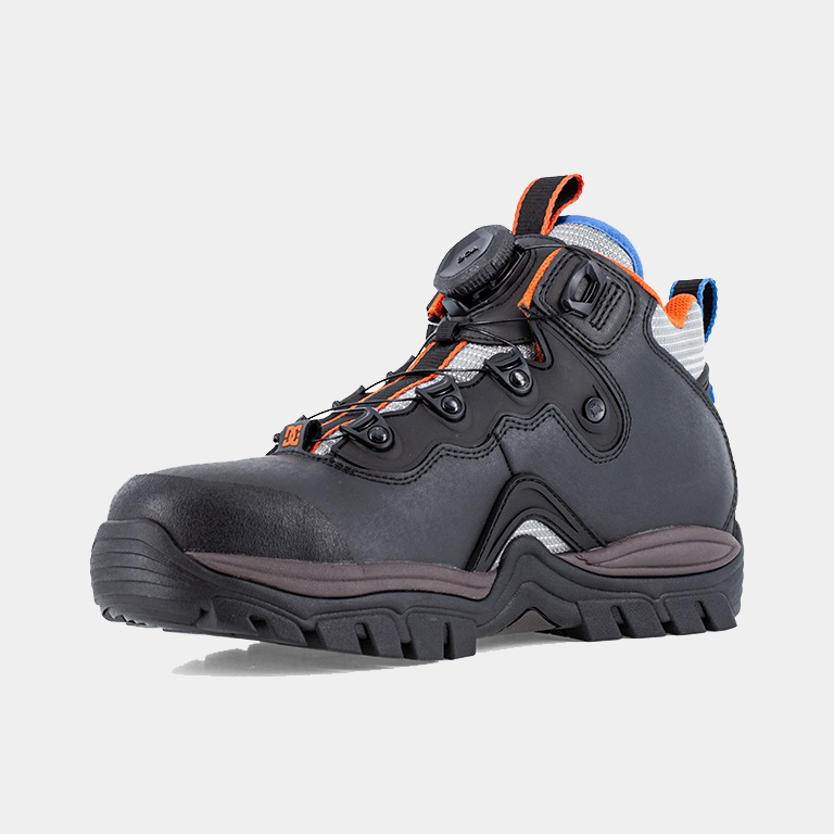DC WorkCrew Navigator Work Hi Top Comp Toe work boots in black with orange and blue accents, composite toe cap, rugged outsole, side view.