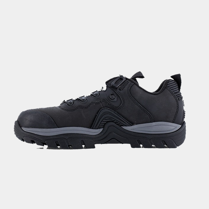 DC WorkCrew Navigator Work shoes in black with sturdy leather upper, reinforced toe, lace loops, and rugged outsole, side view.