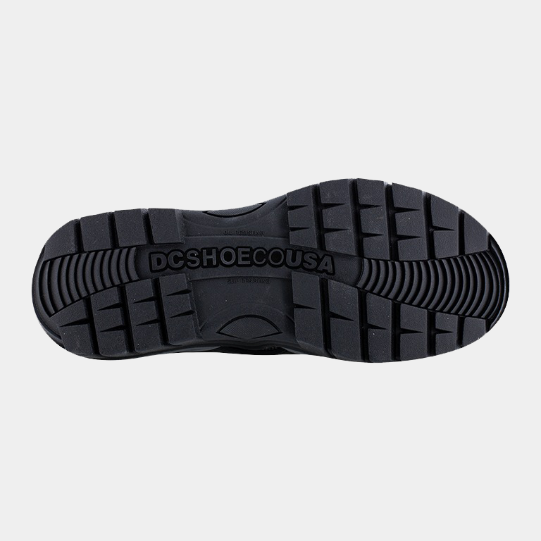 DC WorkCrew Navigator Work boots outsole with slip-resistant tread pattern and "DCSHOECOUSA" branding in black rubber, bottom view