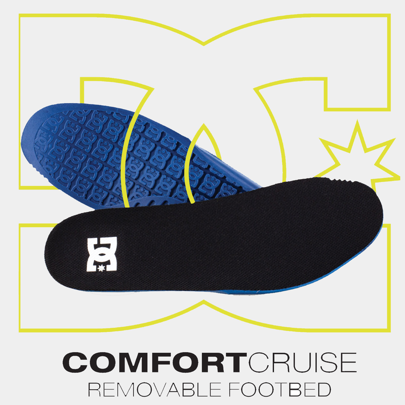 DC WorkCrew Navigator Work insoles with black top layer and textured blue rubber outsole, angled view showing Comfort Cruise removable footbed