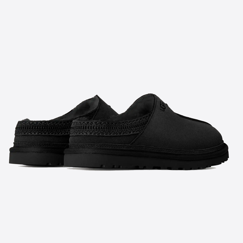 UGG Neuman slippers in black suede with soft lining and woven detailing, side and back view.