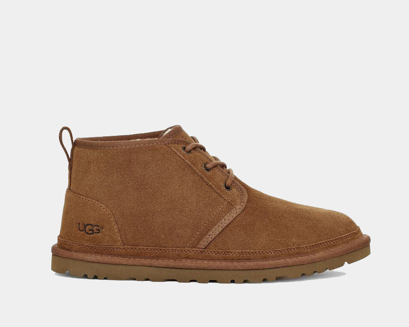 UGG Neumel Suede chukka boots in chestnut brown, featuring a lace-up design, suede upper, and lightweight sole, side view.