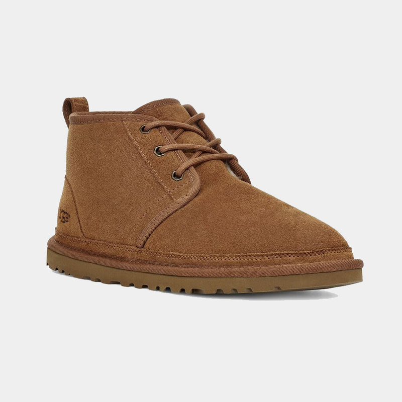 UGG Neumel Suede chukka boots in chestnut brown with soft suede upper, lace-up design, and durable Treadlite sole, side angle view.