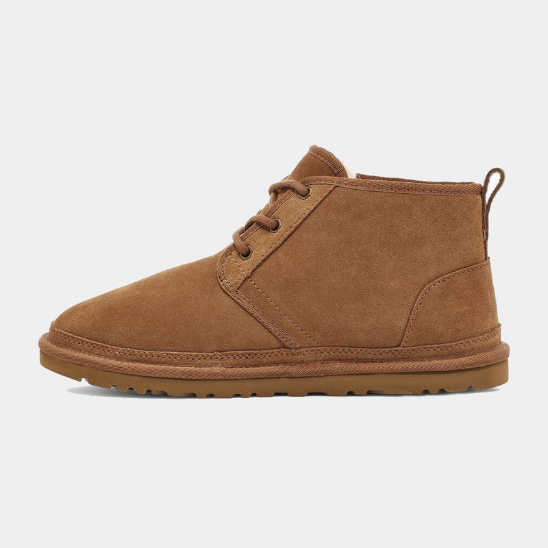 UGG Neumel Suede boots in chestnut brown suede with lace-up closure and durable outsole, side view.
