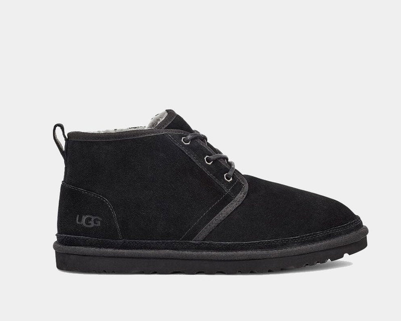 UGG Neumel Suede boots in black with soft suede upper, lace-up design, and plush lining, side view.