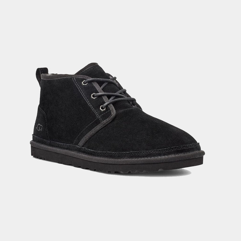 UGG Neumel Suede boots in black featuring a soft suede upper, lace-up closure, and lightweight molded sole, angled front view.
