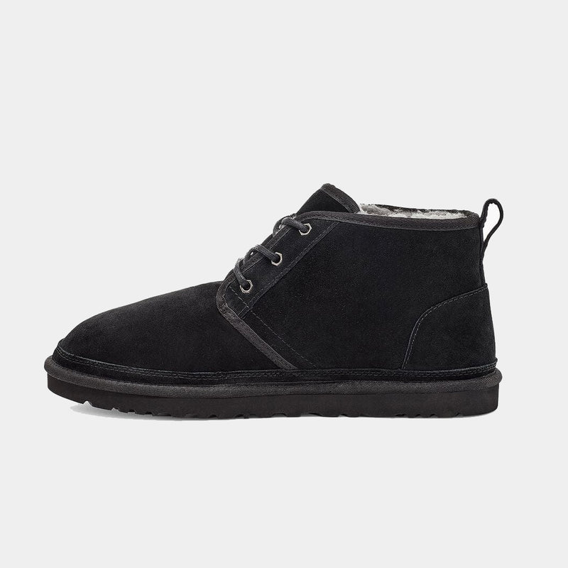 UGG Neumel Suede boots in black with a soft suede upper, lace-up design, and lightweight sole, side view.