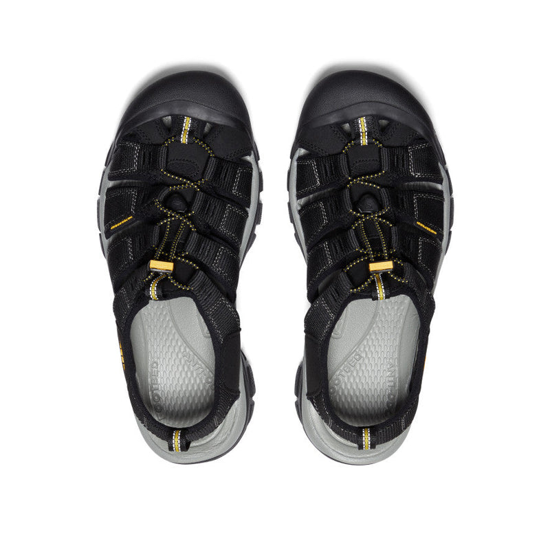 Keen Newport H2 sandals with washable polyester webbing in black and gray, secure lace system and cushioned footbed, top view.