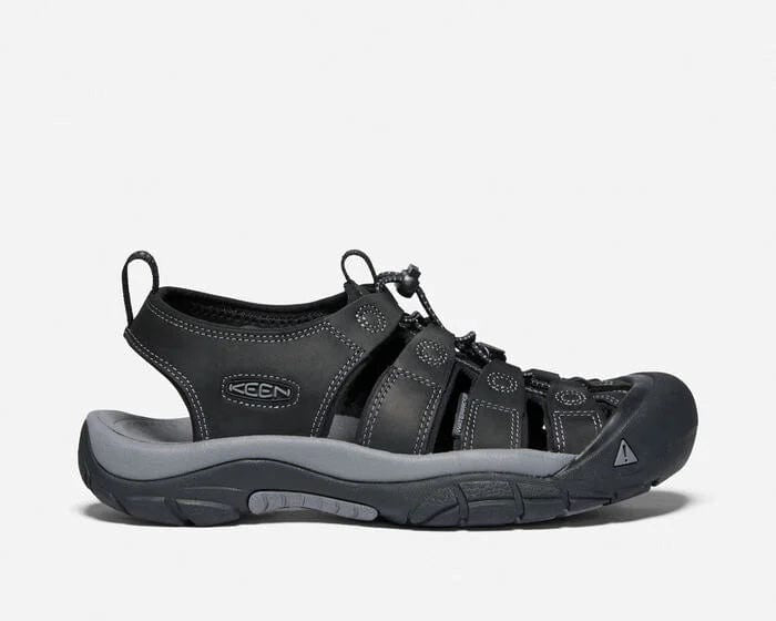 Keen Newport Leather sandals in black with durable leather upper, secure bungee lace system, and non-marking rubber outsole, side view.