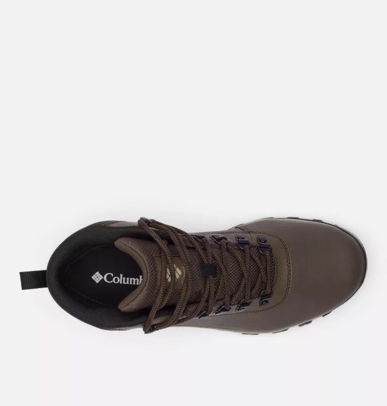Columbia Newton Explorer hiking boots top view showing brown waterproof upper, sturdy lace system, and padded interior.