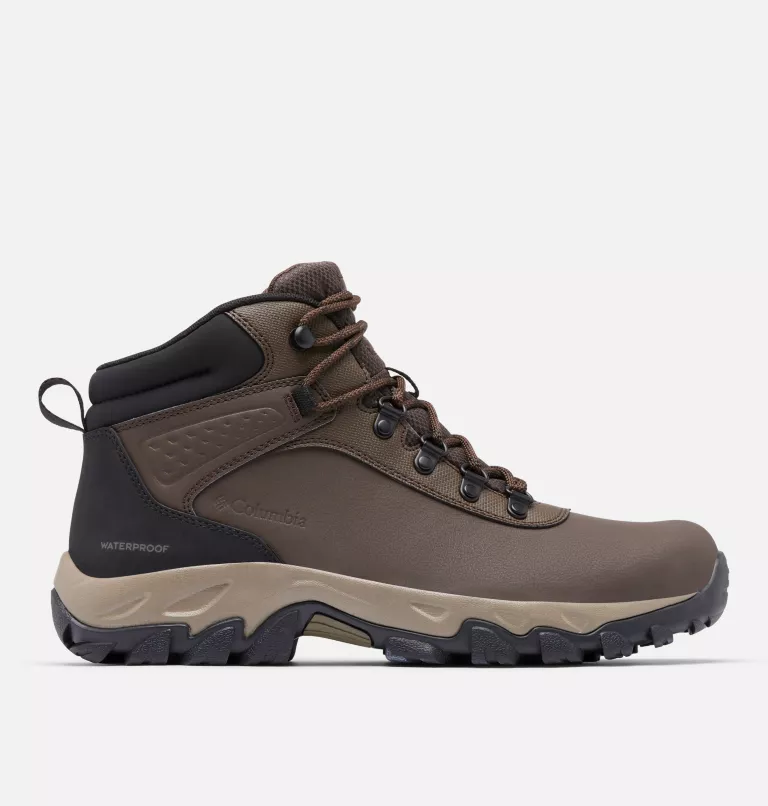 Columbia Newton Explorer hiking boots in dark brown with waterproof leather upper, durable lacing system, and rugged outsole, side view.