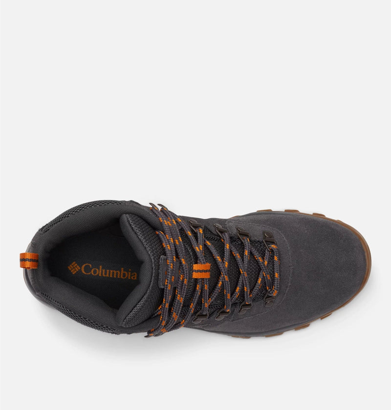 Columbia Newton Ridge™ Plus II Suede WP hiking boots in gray suede with orange-accented laces, top view showing padded collar and durable construction.
