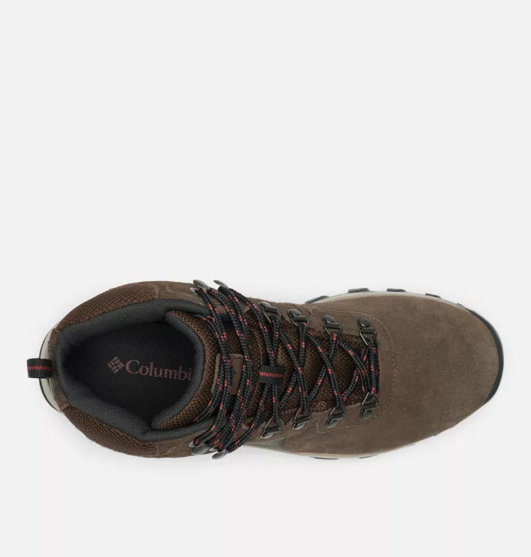 Columbia Newton Ridge™ Plus II Suede WP hiking boot in brown suede with black and red laces, top view showing padded collar.