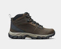 Columbia Newton Ridge Plus II Waterproof hiking boots in brown leather with black and gray accents, side view showing rugged outsole and lace-up design.