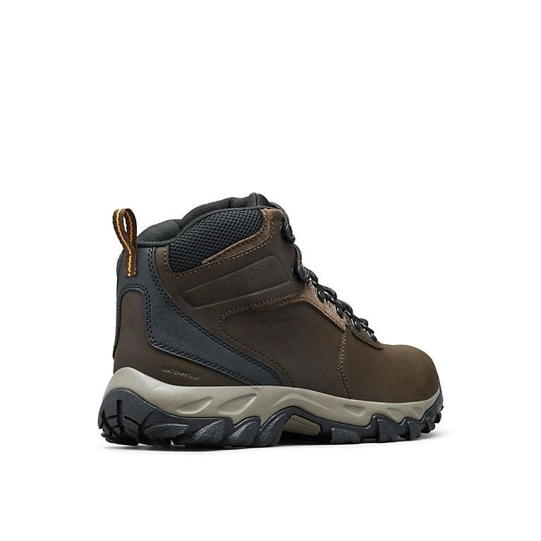 Columbia Newton Ridge Plus II Waterproof hiking boots in brown leather and gray accents with rugged outsole, side view.