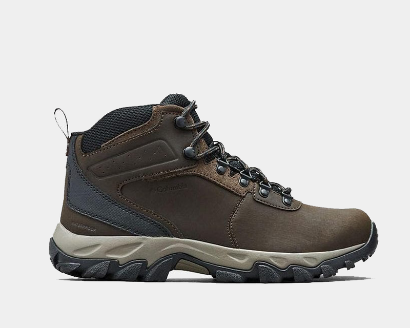 Columbia Newton Ridge Plus II Waterproof hiking boots in brown leather with black and gray accents and durable outsole, side view.