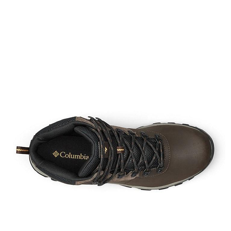 Columbia Newton Ridge Plus II Waterproof hiking boots top view in brown leather with black mesh tongue and sturdy lace system.