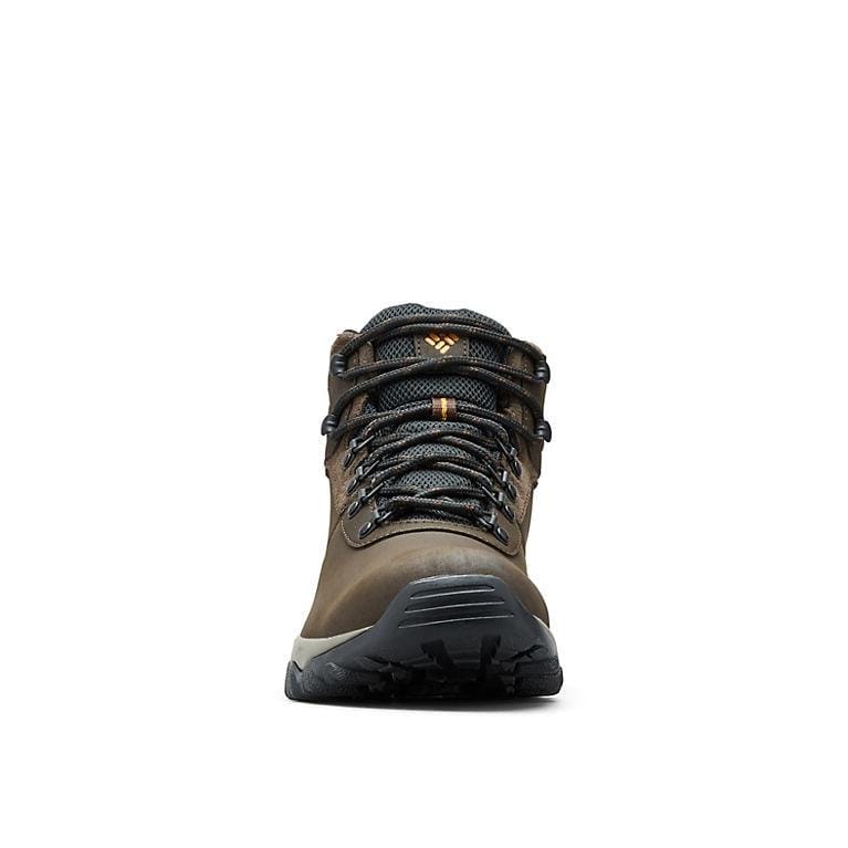 Columbia Newton Ridge Plus II Waterproof hiking boots in brown with leather upper and durable laces, front view.