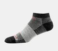 Darn Tough No Show Light socks in gray and black with mesh panels and red accents, side view showing ankle height design.