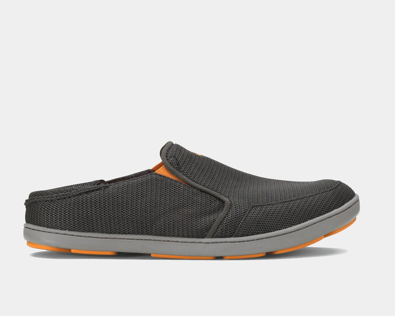 OluKai Nohea Mesh slip-on shoes in dark gray mesh with orange accents and a gray outsole, side view.