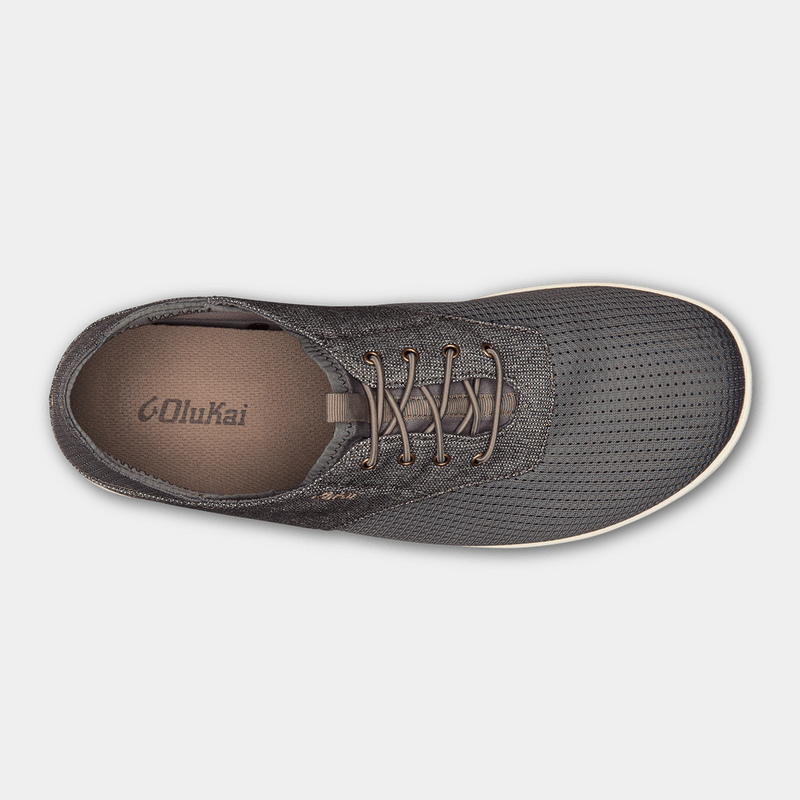 OluKai Nohea Moku shoes top view in dark gray with breathable mesh upper and tan lace system.