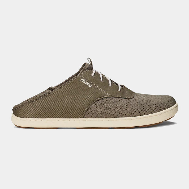 OluKai Nohea Moku casual shoes in olive green with perforated mesh upper, white laces, and beige sole, side view.