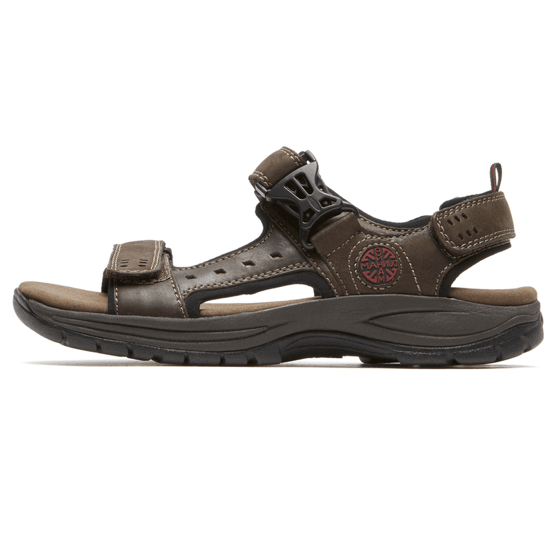 Dunham Nolan Sandal in brown leather with adjustable straps and cushioned sole, side view.