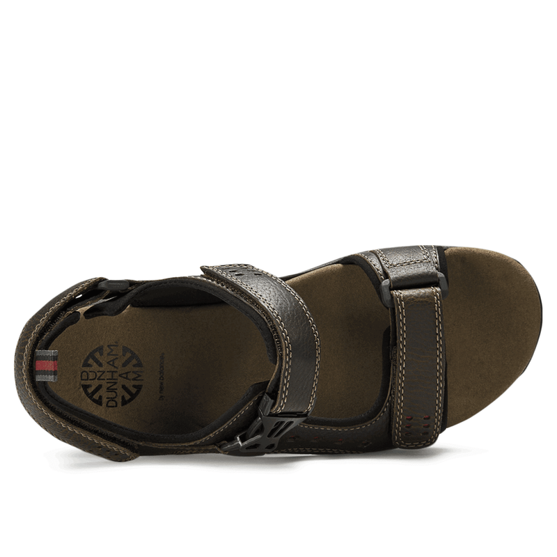 Dunham Nolan Sandal in dark brown leather with adjustable straps and cushioned footbed, top view.