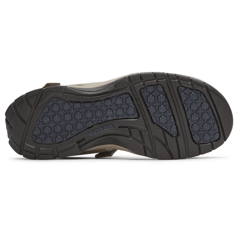 Dunham Nolan Water Friendly Sandal outsole in black and gray with textured grip and durable design, bottom view.