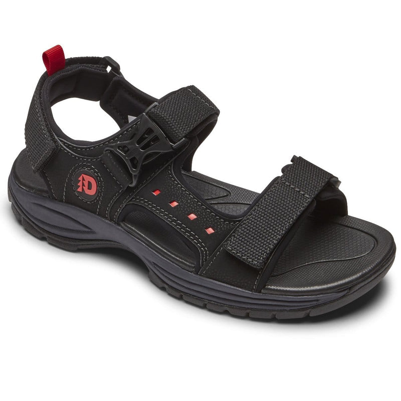 Dunham Nolan Water Friendly Sandal in black with adjustable straps, red accents, and durable sole, side angle view.