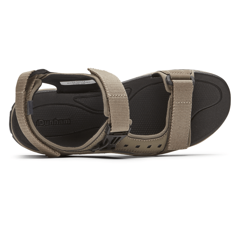 Dunham Nolan Water Friendly Sandal in tan with adjustable straps and textured black footbed, top view.