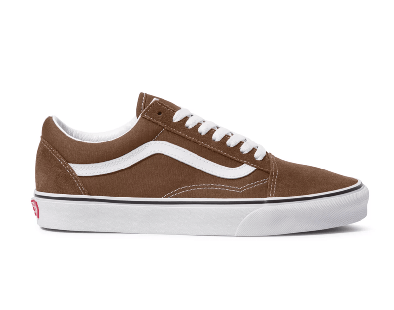 Vans Old Skool sneakers in brown suede with white leather side stripe, white laces, and signature waffle outsole, side view.