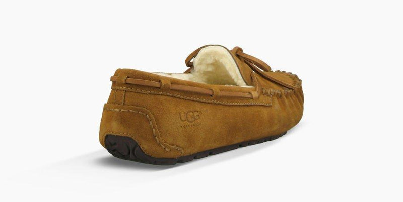 UGG Olsen slippers in chestnut suede with shearling lining and moc-toe stitching, back-side view.