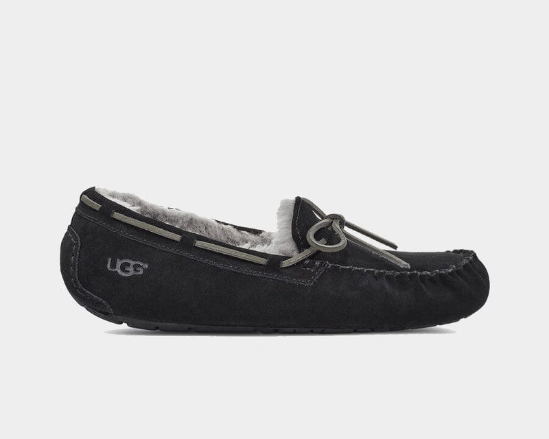 UGG Olsen slippers in black suede with moccasin stitching, leather laces, and plush wool lining, side view.