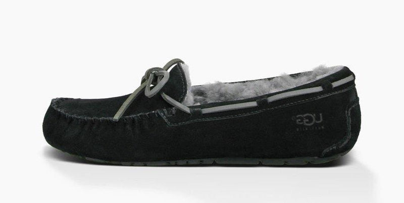 UGG Olsen slippers side view in black suede with moccasin stitching, leather lace detail, and plush grey shearling lining.