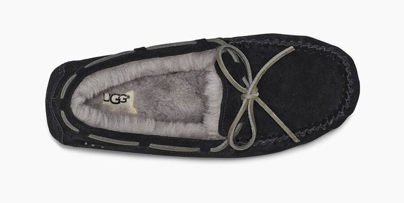 UGG Olsen slippers in black suede with gray leather laces and plush shearling lining, top view showing interior details.